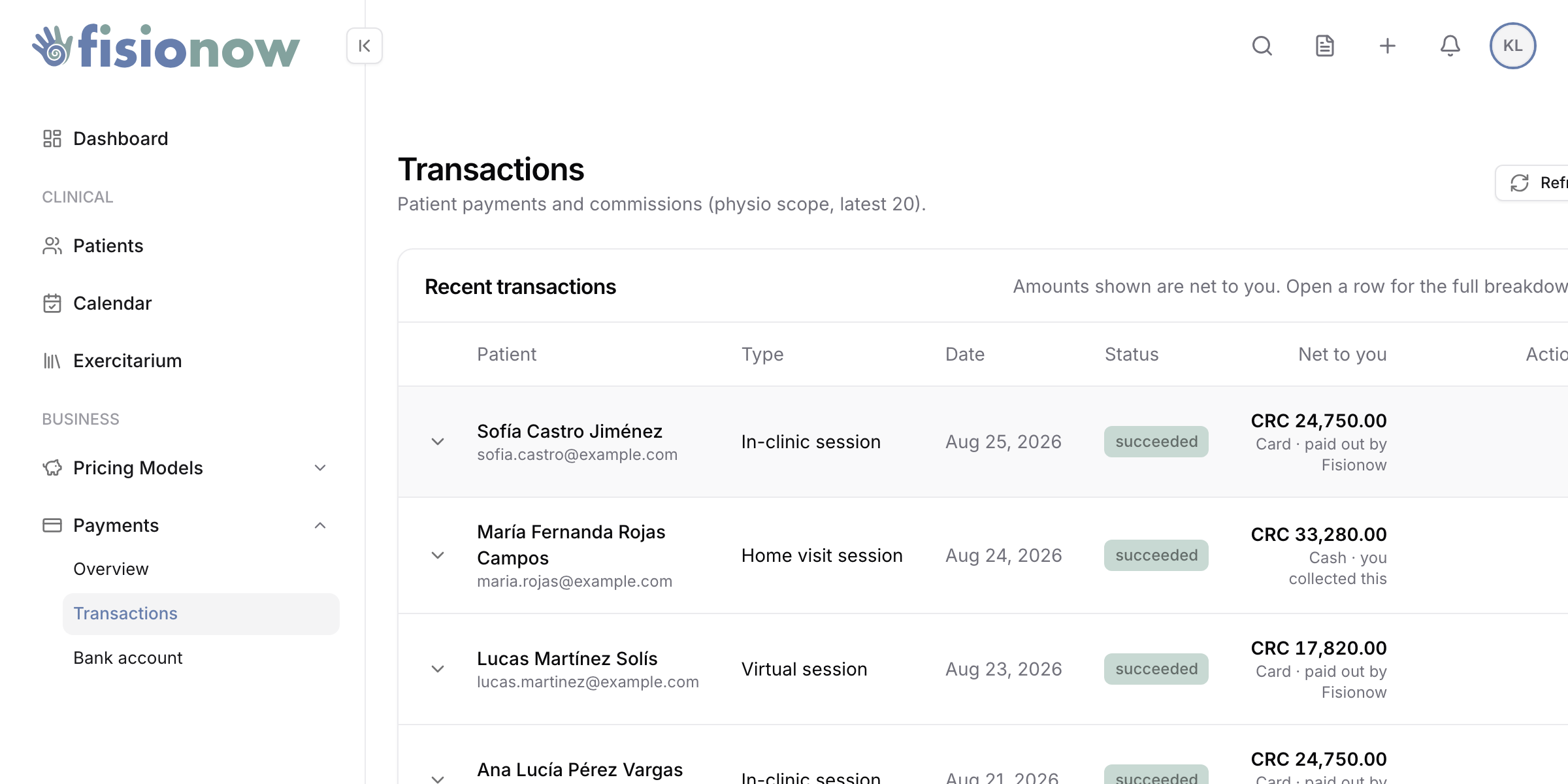 The Fisionow transactions list with patient payments