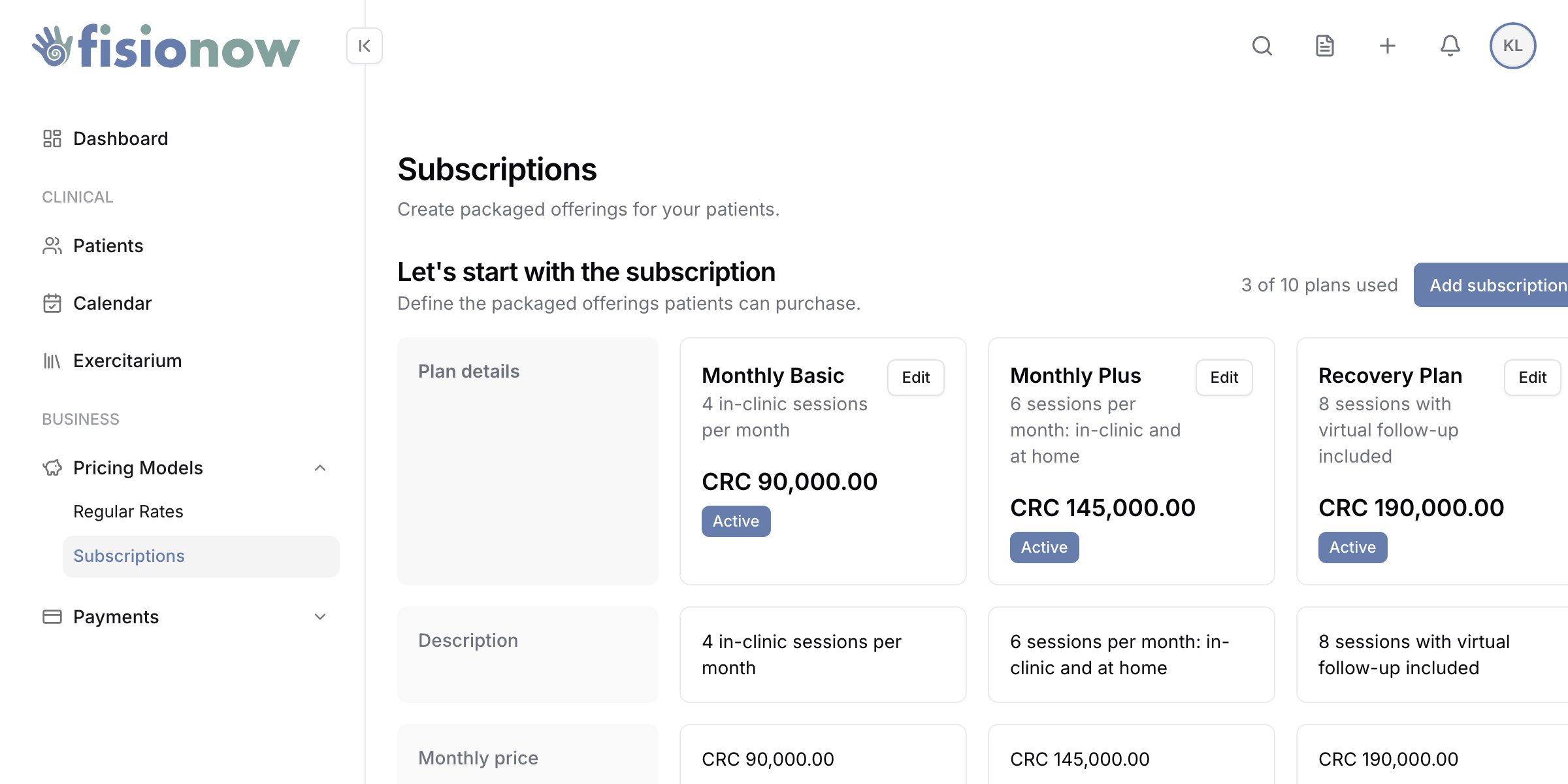 Fisionow subscription plans a physiotherapist offers
