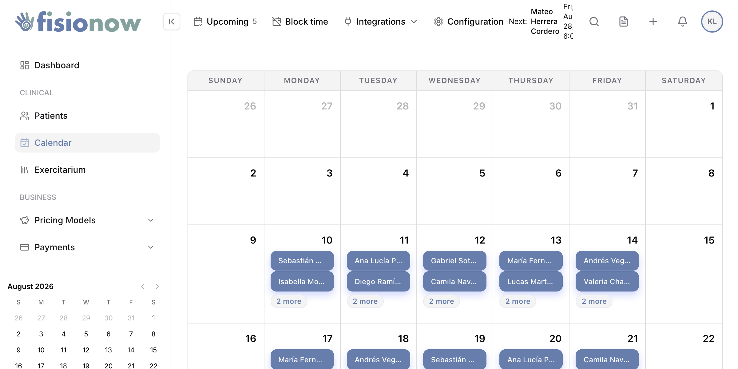 The Fisionow calendar with the week’s appointments